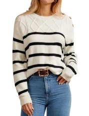 Womens Long Sleeve Jumpers Crew Neck Ribbed Sleeve Striped Jumper Sweater Tops Crochet Oversized Jumpers L White