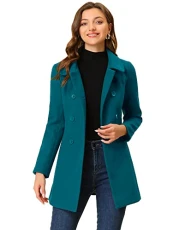 Women's Peter Pan Collar Double Breasted Winter Long Trench Pea Coat Lake Blue M