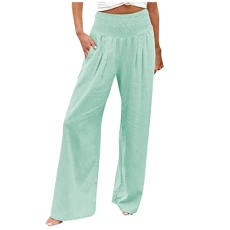 Wide Leg Linen Trousers for Women UK High Waisted Plicated Flowy Solid Palazzo Casual Soft Baggy Cot