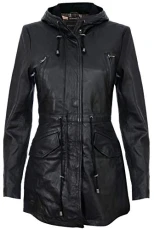 Women's Black Leather Hooded Parker Jacket Multi-Pocket Trench Coat 3XL