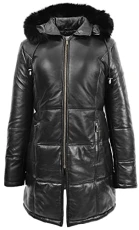 Womens Real Leather 3/4 Length Puffer Coat with Detachable Hoodie Lisa Black (16)