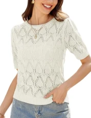 Women Summer Casual Thin Knitted Pullover Solid Crew Neck Hollow Out Tops White 2XL