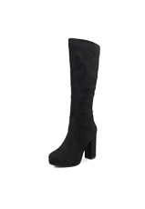 High Boots with Platform Heel Side Zip Suede Casual Comfortable Winter Women ZM9213 (Black, Numeric_