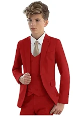 3 PC Slim Fit Boys Formal Suit Peak Lapel Blazer Vest Pants Boys Party Suit Kids Wedding Tuxedos Red