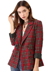 Women's Notched Lapel Double Breasted Plaid Work Formal Blazer Jacket Red Green 12