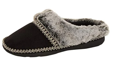 Womens Fleece Lined Slip On Mule Slippers Stitched Trim Black Small