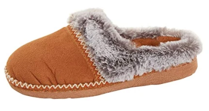 Womens Fleece Lined Slip On Mule Slippers Stitched Trim Brown Medium