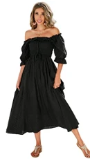 Women's Polka Dot Slim Half Sleeve Puff Flare Sleeve Square Neck Tie Long Midi Dress (Large,Black#2)