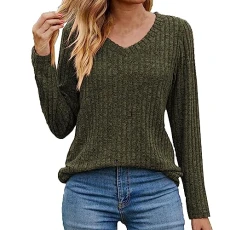 Womens Knitted Jumpers V Neck Long Sleeve Pullover Plain Lightweight Sweaters Casual Relaxed Fit Tun