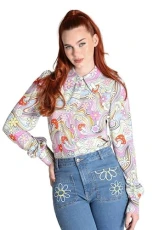 1970's Blouse Happy Daze Psychedelic Mushroom Flower Pastel Shirt, Multicoloured, XL