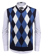 Men's Casual Slim Fit V-neck Rhombus Business Knitwear Sweater Vest - Blue -