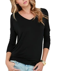 Womens Solid Color Backless V Neck Long Sleeve T-Shirt Casual Slim Shirt Blouse Pullover Tops Black L