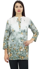 Printed Long Sleeve Casual Tunic Top for Women's Mandarin Collar Cotton Tunic Tops White