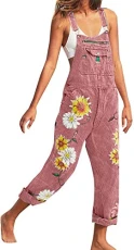 Women's Loose Fit Floral Printed Casual Baggy Denim Bib Dungarees Overall (UK 16, Pink)