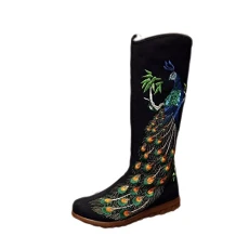 Women Lady Vintage Chinese Style Casual Embroidery High Boots (EU 37, Black)