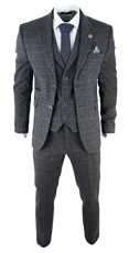 Mens Grey Tweed 3 Piece Suit Blue Check Vintage 1920s Gatsby Blinders Tailored Fit - Grey 38