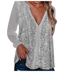 Sparkly Sequin Tops for Women UK Petite to Plus Size Long Sleeve Sexy Deep V Neck Bling T Shirts Top