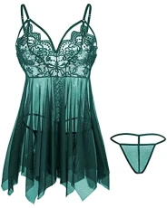 Babydoll Lingerie for Women Lace Negligee Lingerie Sexy Boudoir Outfits V-Neck Sleepwear Dark Green, XXL