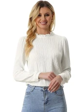 Ruffled Business Blouse for Women's Long Sleeve Mock Neck Casual Office Top White M