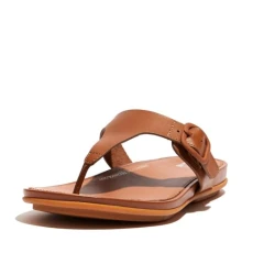 Women's GRACIE RUBBER-BUCKLE LEATHER TOE-Post SANDALS Flat, Light Tan, 7 UK