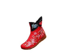 Women Lady Vintage Chinese Style Embroidery Canvas Ankle Boots (EU 39, Red)