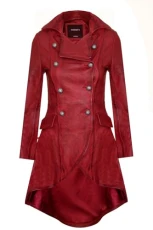 Women's Gothic Red Leather Edwardian Victorian Flare Coat