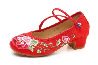 Women Lady Vintage Chinese Style Embroidery Lace-Up Canvas Low Heel Stage Dance Shoes (EU 35, Red)