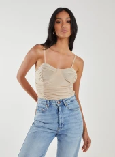 Ruched Cupped Strappy Bodysuit  - 14  - Stone