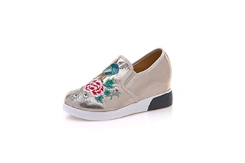 Women Lady Women PU Leather Chinese Style Embroidery Slip-on Loafer Sneaker Shoes (EU 38, Silver Gre