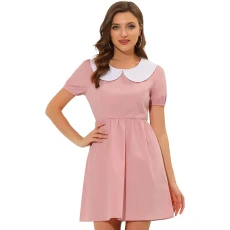 Women's Contrast Peter Pan Collar Puff Short Sleeve A-line Dress Pink S-8