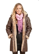 Women's Brown Long Winter Hooded Real Shearling Sheepskin Leather Duffle Coat S