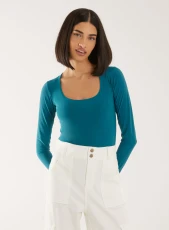 Long Sleeve Square Neck Bodysuit  - 12  - Teal