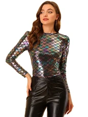 Women's Long Sleeve Sparkly Party Glitter Shiny Metallic Tops Shirt Colorful S-8