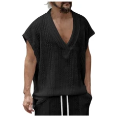 Mens Vest Top V Neck Loose Jacquard Knit Sleeveless Casual Vest Hawaii Tank Top Sleeveless T-Shirt for Men T-Shirt Sport Men, black, 3XL