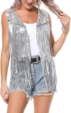 Cowboy Waistcoat Women Sequin Fringe Vests for Party Rave Hippie 70s Cardigans Cowgirl M