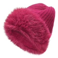 Winter Faux Fur Slouchy Beanie Hat for Women Warm Knit Stretch Cuffed Skull Cap(Solid Raspberry)