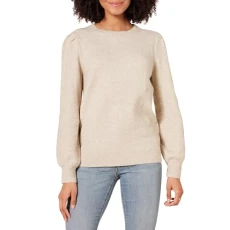 Women's Soft Touch Pleated Shoulder Crewneck Jumper, Beige, L