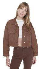 Women Regular fit Puffer Shirt Collar Denim Jacket Brown