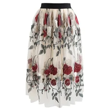 Women's Red Golden Rose Embroidered Mesh Tulle Midi Skirt, Beige, Medium