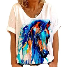 Women's Summer Horse Graphic Print T-Shirt V-Neck Short Sleeve Tee Shirts Ladies Summer Tops