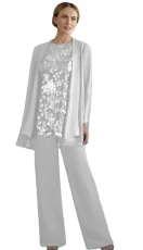 Women's 3 Pieces Chiffon Mother of The Groom Pant Suits with Sequined Top Plus Size Trouser Set for 