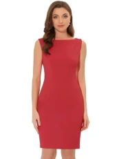 Sleeveless Sheath Dress for Women's Boat Neck Casual Officeg Shift Dresses Red XS