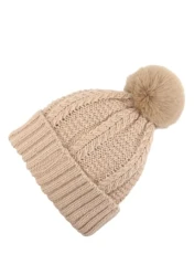 Ladies | Cable Knit Hat | Ladies Pom Pom Winter Beanie | Cosy, Stylish & Warm | Machine Washable | One Size Fits All | Stone