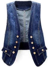 Women's V-Neck Button Up Unlined Denim Vest Waistcoat (UK 14, Blue)