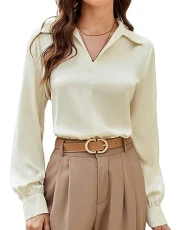 Women Casual Satin Blouse V Neck Lapel Collar Shirts Long Sleeve Tops, Color: Apricot, Size: XXL