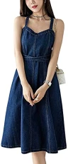 Women's Summer Casual Loose Suspender skirt A-Line Belted Criss Cross Strapy Midi Denim Dress Overal