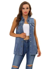 Women's Demin Gilet Button Down Sleeveless Mid-Long Jean Vest Waistcoat Jacket Blue XS