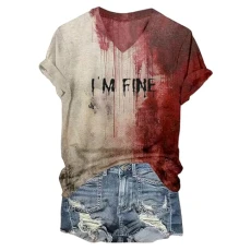 Halloween T Shirts for Women Im Fine Tshirt Blood Stained Tops Woman Bloody T Shirt Stained Short Sleeve Top Women Casual Round Neck Pattern Tops (a-Wine, L)