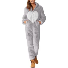 Ladies Love Printed Zipper Warm Plush Jumpsuit Faux Wool Long Sleeve Pajamas Casual Solid Color Loose Hooded Nightwear Pyjamas Winter Warm Cute Sleepwear Thermal Jumpsuit with Pockets Grey