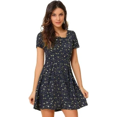 Women's Printed Casual Square Neck Short Sleeve Fit and Flare Dress Blue-Stars M-12